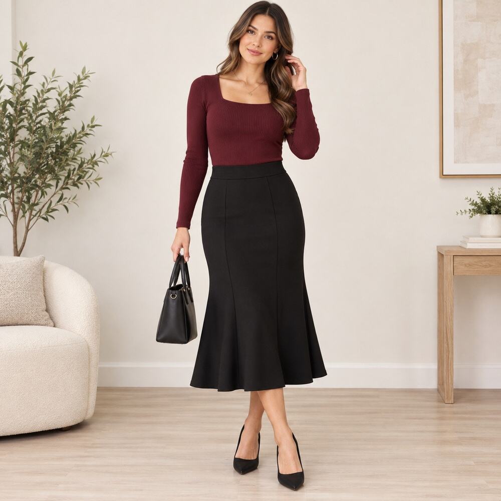 Halara Fit & Flare Pencil Skirt Women’s XS Black Midi Stretch Pockets